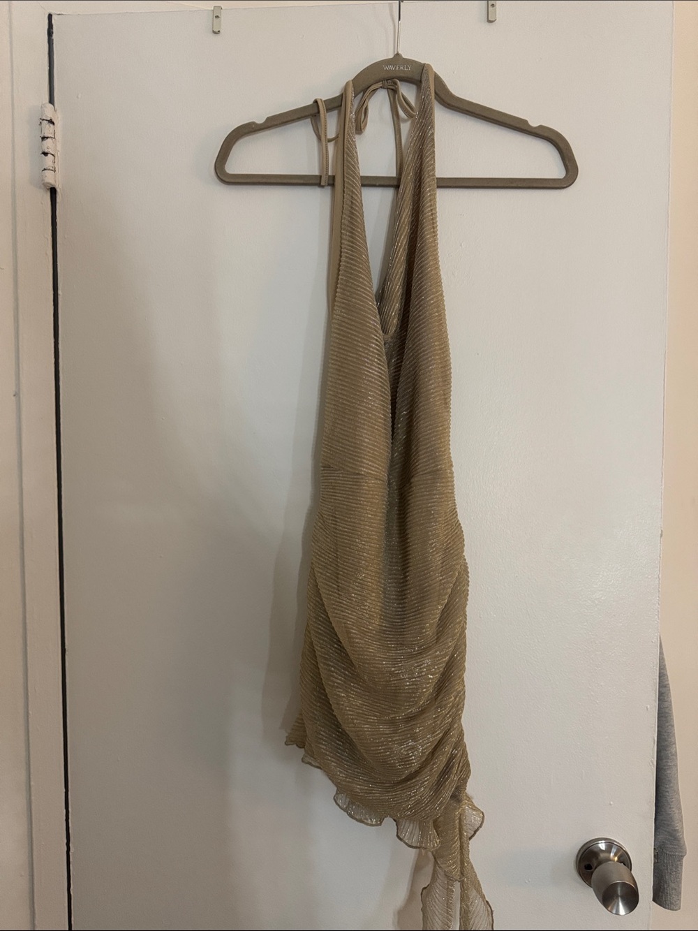 Gold Metallic Halter Drape Dress